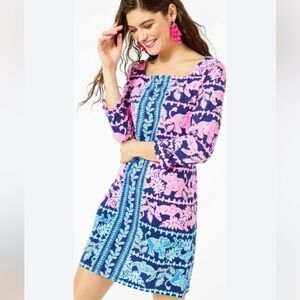 Lilly Pulitzer Bailee Elephant 100% Cotton Blue & Pink Shift Dress, size S